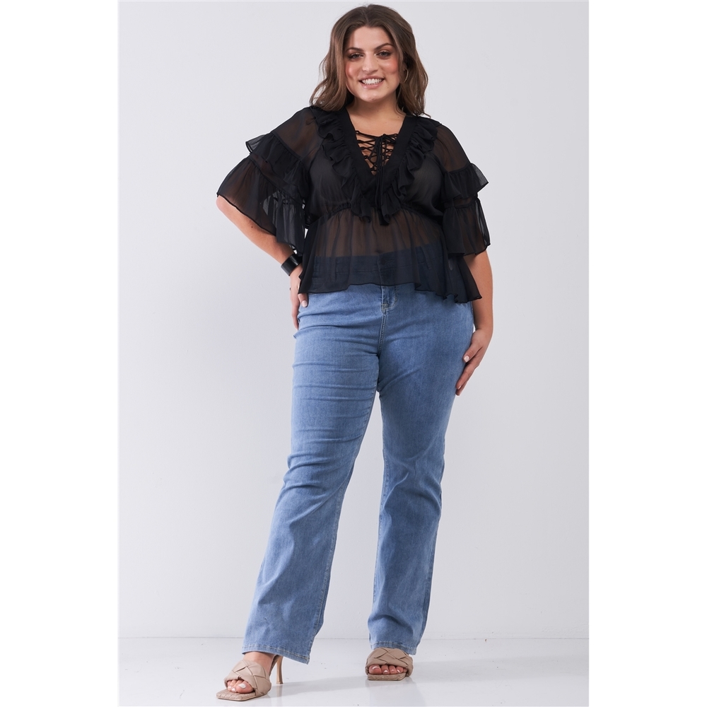 Plus Sheer Mesh Ruffle Lace-up V-neck Detail Wide Sleeve Relaxed Top - Picture 2 of 4